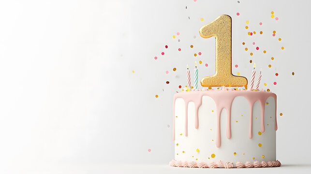 Festive 1th Birthday Cake on light background template with copy space