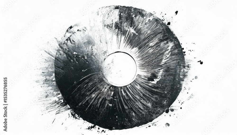 Poster dynamic black ink explosion in circular brushstroke composition on white background for abstract bra