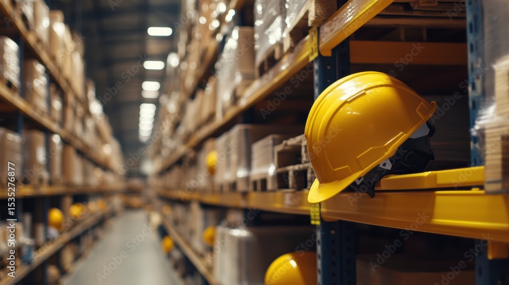 Poster yellow hard hat rests on shelf in large warehouse with rows of stacked boxes.