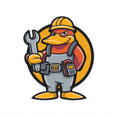 Naklejka premium cartoon mascot duck plumber character holding wrench tool construction worker maintenance