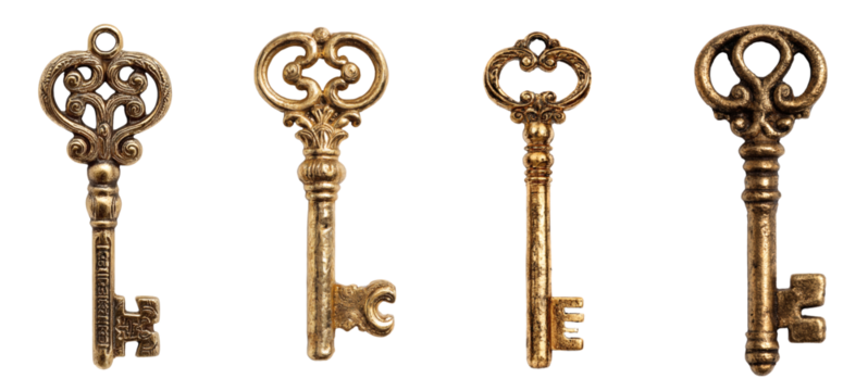 Vintage Golden Key PNG set Transparent background