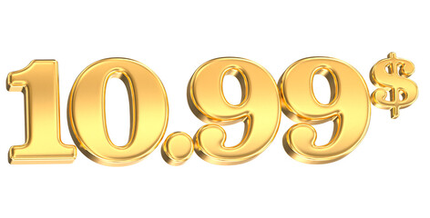 Number 10.99 Dollar Gold 3D Render