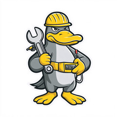 Naklejka premium cartoon duck mascot construction worker holding wrench maintenance character illustration