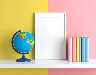 Colorful shelf display with globe and books