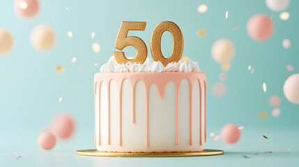 Festive 50th Birthday Cake on light background template with copy space