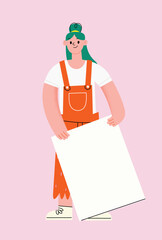 Trendy cartoon vector illustration of smiling girl in orange overalls holding a blank sign. Whimsical and playful design, perfect for messages, protests, or creative projects. Hand drawn vector image