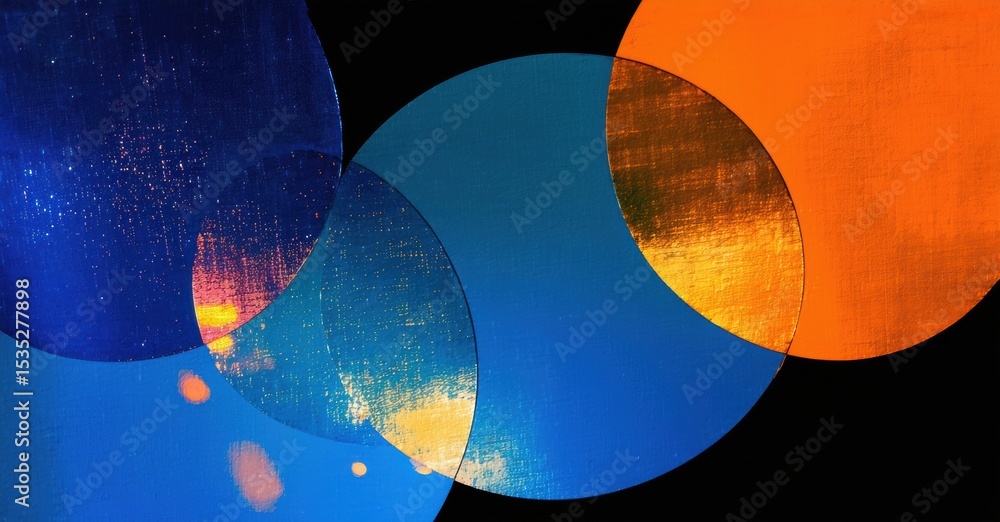Poster abstract circles overlap, creating vibrant color blends. blues, oranges dominate dark background. te