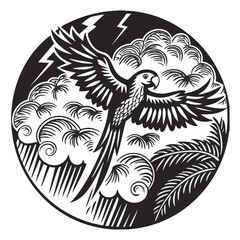 Fototapeta premium an image of a parrot flapping its wings above thunderclouds