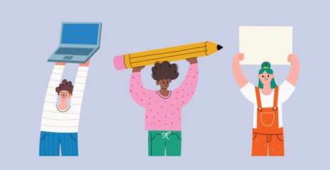 Diverse cartoon characters holding oversized objects above their heads. Laptop, giant pencil and blank sign. Vector illustration. Creative concept for teamwork, communication, education, protest