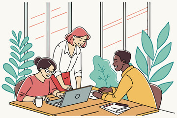 The team is working together enthusiastically in the office. The atmosphere is working together with smiles and diversity. Suitable for business media and organisational development.