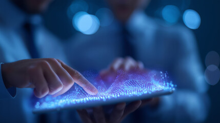 Businessmen Collaborating on Digital Tablet with Vibrant Data Visualization