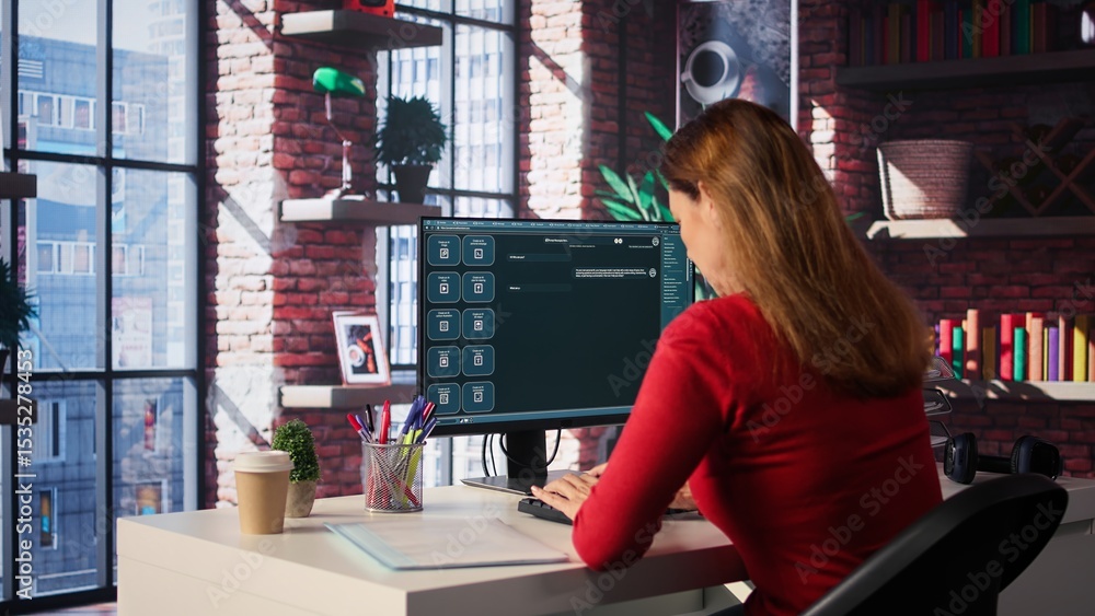 Poster woman typing on a computer and chatting with an ai assistant. futuristic interface highlights artifi