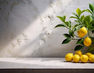 lemon tree in front of white rustic wall with sunlight shade summer background scene with concrete countertop in shade for product display