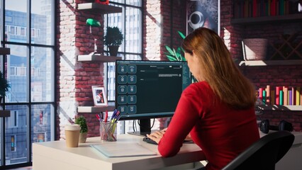 Fototapeta premium Woman typing on a computer and chatting with an AI assistant. Futuristic interface highlights artificial intelligence, machine learning and automated solutions for productivity. Camera B.