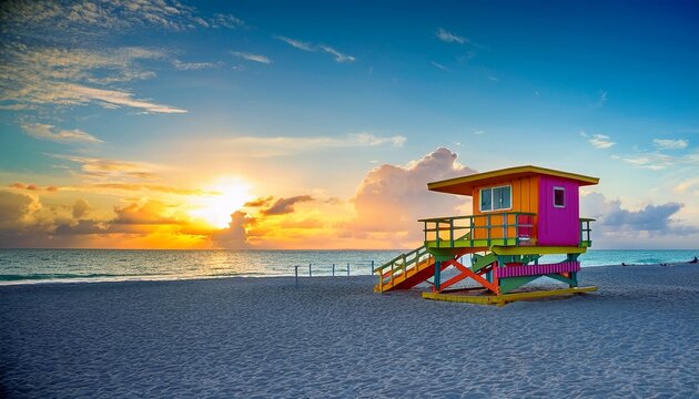 sunrise in miami beach florida with a colorful lifeguard house in a typical art deco architecture at sunrise with ocean and sky in the background