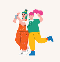 Whimsical vector illustration of two trendy cartoon friends taking a selfie. Colorful and playful design, perfect for youth, friendship, and social media themes. Hand drawn vector image