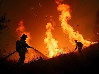 Obraz premium Silhouettes of firefighters battling huge flames during wildfire emergency at night