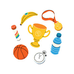 Various Sport equipment icons. Different isolated Fitness elements, gym accessories. Healthy lifestyle concept. Hand drawn modern Vector illustrations
