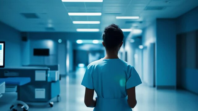 Healthcare Worker Walking Hospital Corridor