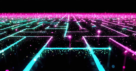 Obraz premium Abstract digital landscape. Glowing lines create grid, horizon. Pink, cyan colors dominate dark background. Futuristic, vibrant scene.