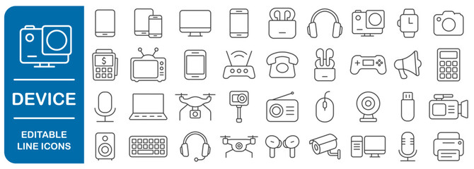 Device editable stroke line icon set. Electronic devices and gadgets icons for web, mobile app. Smart devices, drone, technology, smartphone, tablet, laptop. Vector illustration. Isolated on white 
