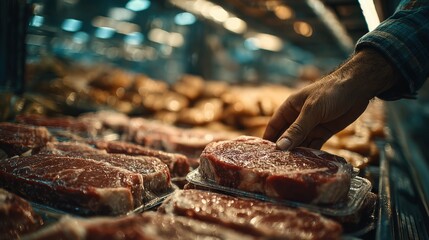 Close-up of hand picking packaged raw beef steak from chilled meat shelf in supermarket ideal for food industry visuals, meat production, grocery retail and consumer purchase concepts