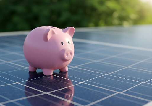 Pink piggy bank on solar panel surface with sunlight representing clean energy savings concept
