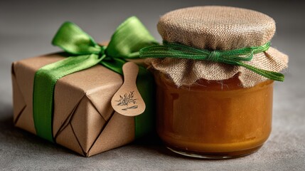 Glass jar of natural honey with rustic packaging and green ribbon next to eco-friendly kraft gift box — perfect for product branding, organic food promotion, and artisanal market visuals