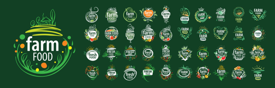 A large set of vector logos for farm products, hand-drawn