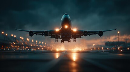 Commercial airplane landing on illuminated runway in rainy weather at night with glowing reflections — great for airport advertisements, transportation visuals and travel campaign concepts