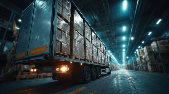 Loaded delivery truck in warehouse filled with cardboard boxes under blue industrial lights — perfect for logistics content, freight service branding and ecommerce distribution visuals