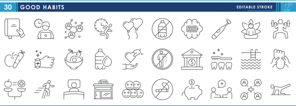 A set of line icons related to Good Habits. Good, behavior, healthy food, physical exercise, saving, social, and so on. Vector editable stroke.