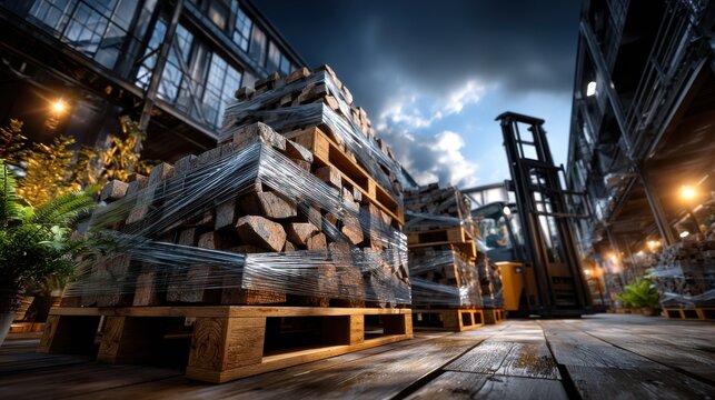 Low-angle view of stacked wooden pallets with wrapped firewood in industrial warehouse under moody sky perfect for storage logistics, outdoor supply visuals and building material content