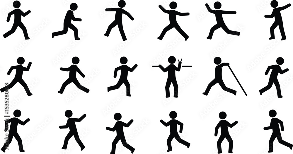 Poster black stick figure diverse actions set - ai generative