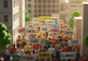 Crowd of protesters with placards demanding climate action and environmental justice