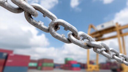 Macro view of heavy metal chain with container cranes and shipping containers in the blurred background perfect for logistics visuals, global trade concepts and maritime industry content