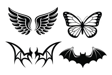 Set of four black and white wing illustrations including angelic, butterfly, and demonic styles – isolated graphic elements for creative design projects
