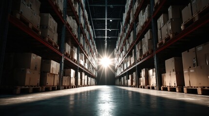 Fototapeta premium Large warehouse interior with rows of stacked cardboard boxes and dramatic backlight from open doors creating a sense of scale, supply logistics and industrial storage infrastructure