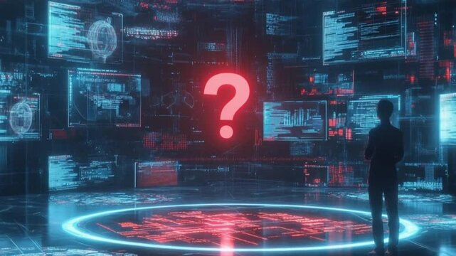 Person standing in a futuristic digital environment surrounded by glowing data displays and question mark