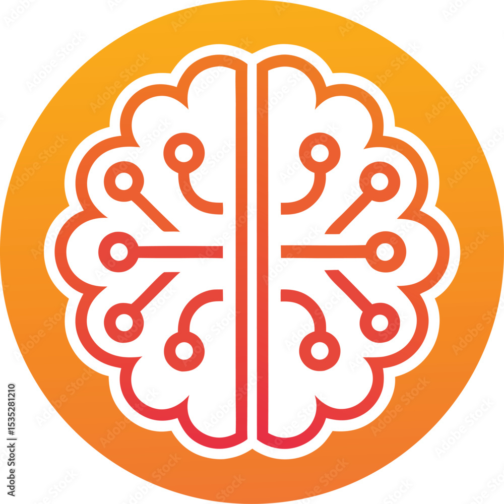Poster abstract brain icon with circuit lines in orange and red