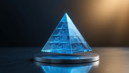 Un gráfico piramidal azul translúcido levita sobre una superficie metálica elegante, simbolizando el crecimiento estructurado y la jerarquía empresarial