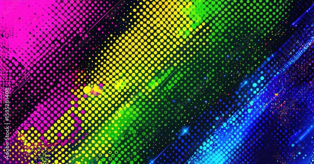 Poster Vibrant halftone pattern, rainbow colors blend. Dots create dynamic visual effect, dark background enhances luminosity. Stars add sparkle.