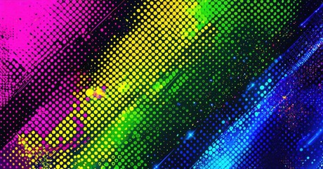 Vibrant halftone pattern, rainbow colors blend. Dots create dynamic visual effect, dark background enhances luminosity. Stars add sparkle.