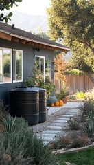 Gray house exterior with water tanks and garden path.