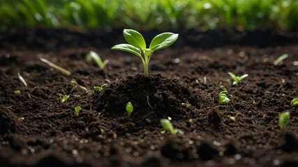 Fototapeta premium Emerging sprout in fertile soil, symbolizing growth and potential. Ideal for themes of nature, gardening, and new beginnings.