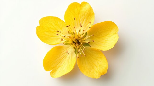 Bright yellow apricot blossom displayed from above, showcasing its intricate petals and contrasting stamen against a neutral background