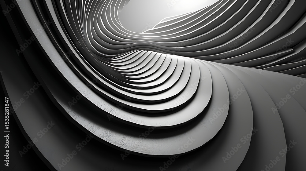 Poster a mesmerizing abstract design featuring a series of curved, layered structures in shades of gray and