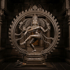 A stunning bronze statue of Lord Nataraja, the cosmic dancer form of Lord Shiva, captured in a traditional temple setting. The sculpture showcases intricate craftsmanship with a dynamic pose.
