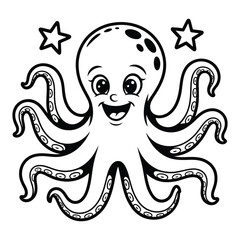 Friendly cartoon octopus character smiling with stars, black and white vector illustration, isolated on white for design and decoration projects
