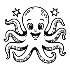 Friendly cartoon octopus character smiling with stars, black and white vector illustration, isolated on white for design and decoration projects
